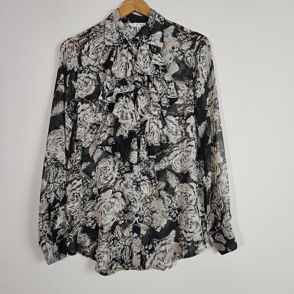 Cabi Irresistible Top Medium Gray Sheer Ruffles Feminine Romantic Victorian